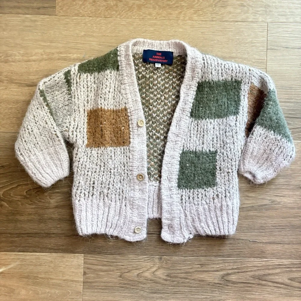 The Animals Observatory Patchwork Chunky Cardigan Pastel 12 M Alpaca Wool